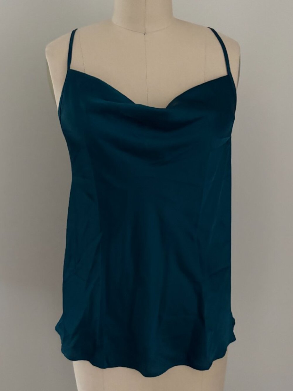Ekouaer Teal Satin Cowl Neck Cami Spaghetti Strap Silky Y2k Chic Top S